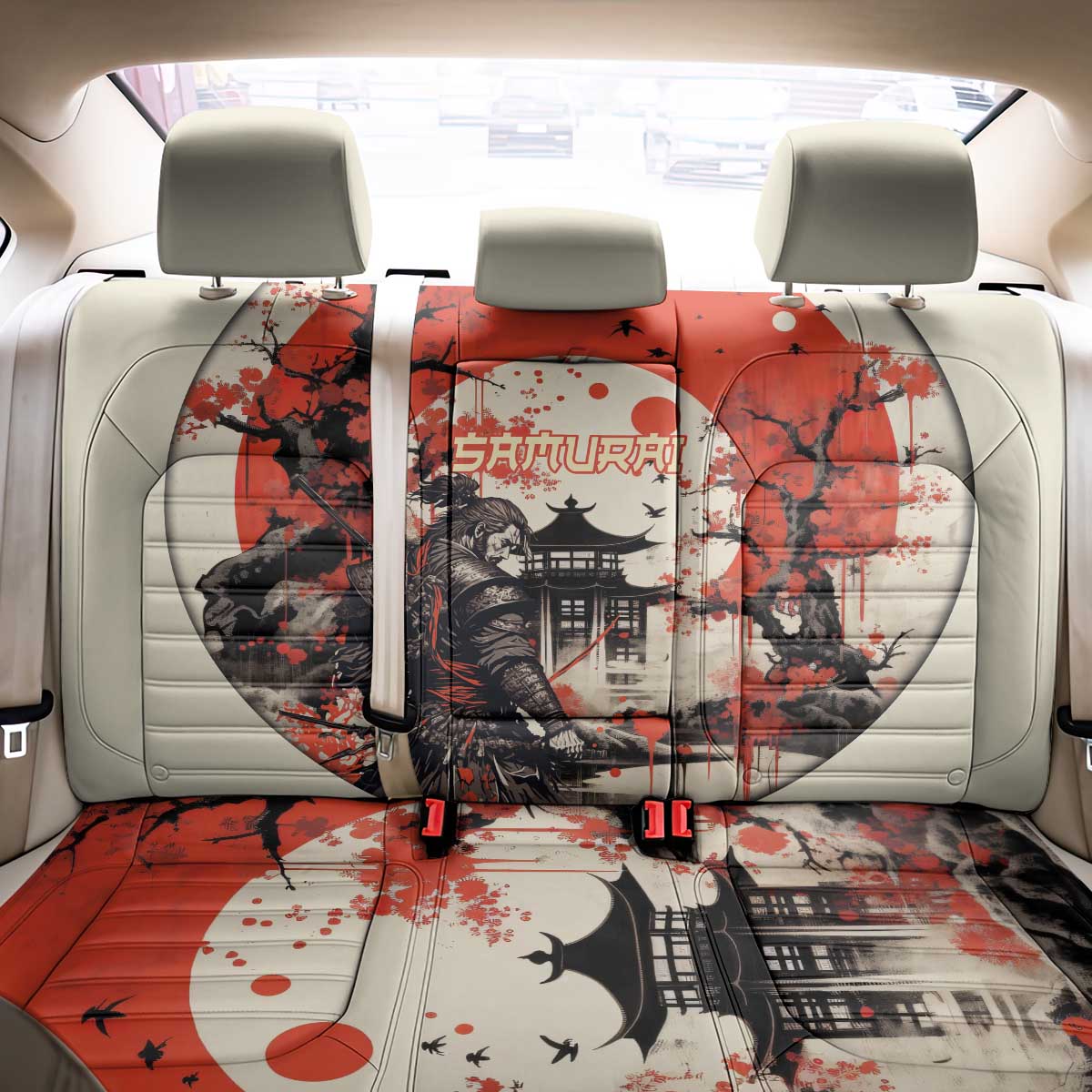 Samurai Warrior Japan Back Car Seat Cover Red-blossomed Tree Classic Japanese Stylized LT14 - Polynesian Pride