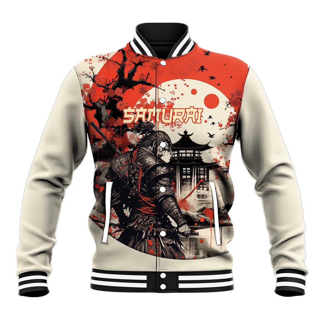 Samurai Warrior Japan Baseball Jacket Red-blossomed Tree Classic Japanese Stylized - Polynesian Pride