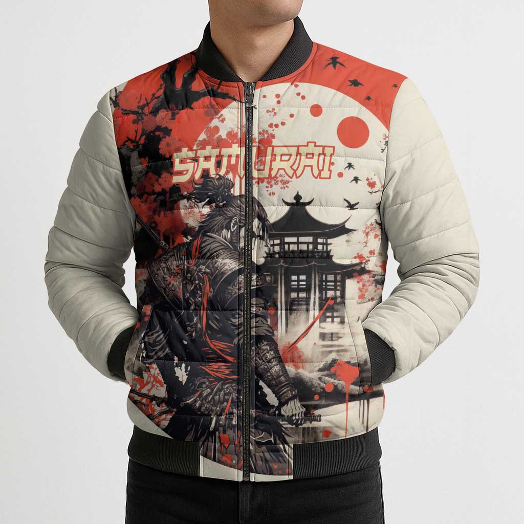 Samurai Warrior Japan Bomber Puffer Jacket Red-blossomed Tree Classic Japanese Stylized - Polynesian Pride