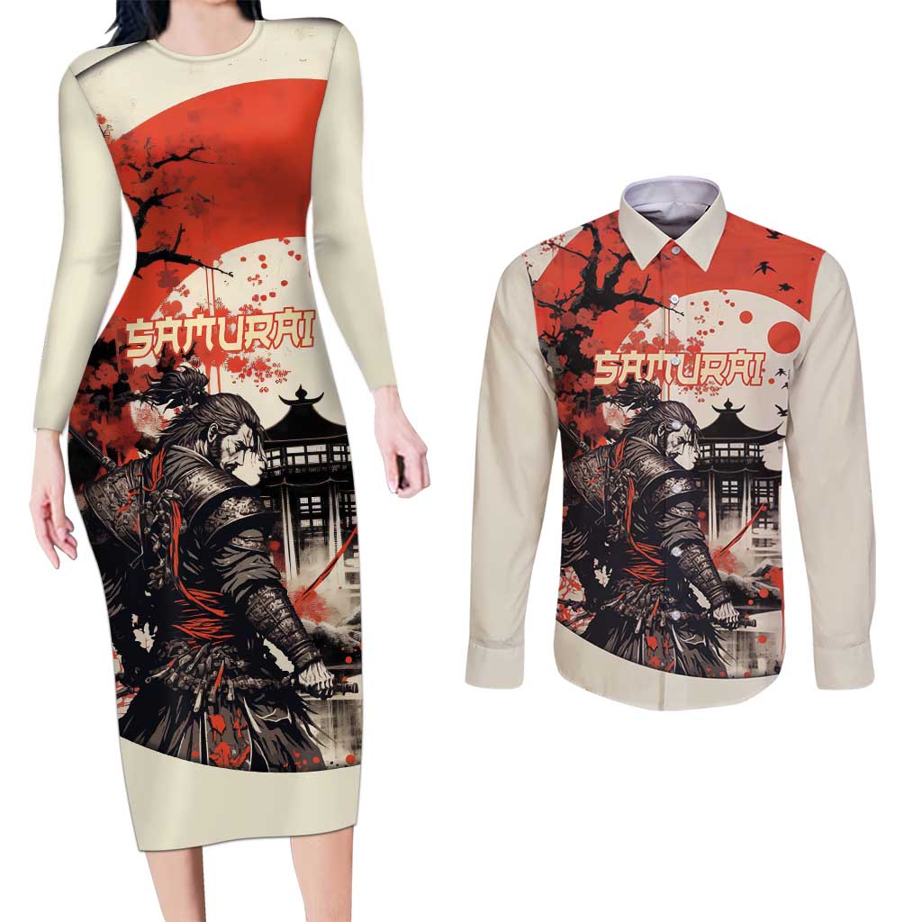 Samurai Warrior Japan Couples Matching Long Sleeve Bodycon Dress and Long Sleeve Button Shirt Red-blossomed Tree Classic Japanese Stylized LT14 Red - Polynesian Pride
