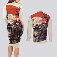 Samurai Warrior Japan Couples Matching Long Sleeve Bodycon Dress and Long Sleeve Button Shirt Red-blossomed Tree Classic Japanese Stylized - Polynesian Pride