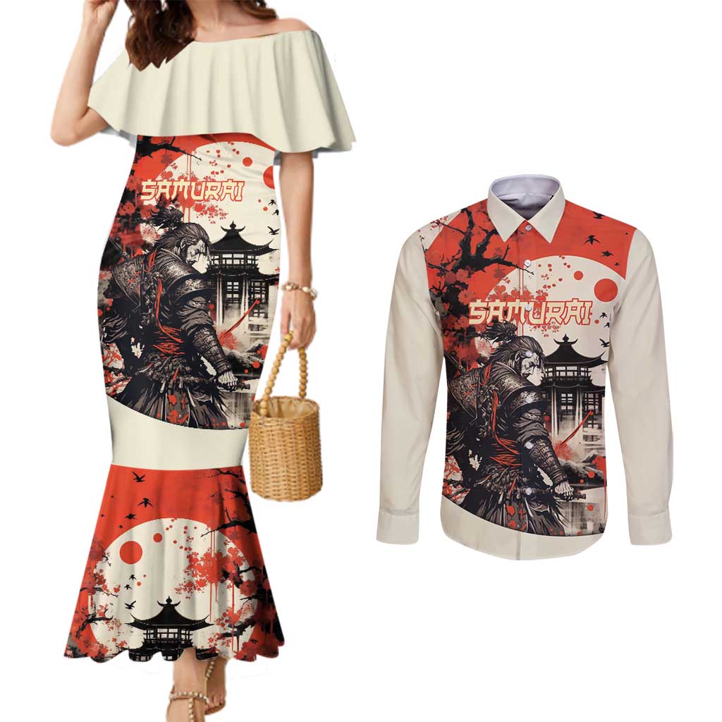 Samurai Warrior Japan Couples Matching Mermaid Dress and Long Sleeve Button Shirt Red-blossomed Tree Classic Japanese Stylized LT14 Red - Polynesian Pride