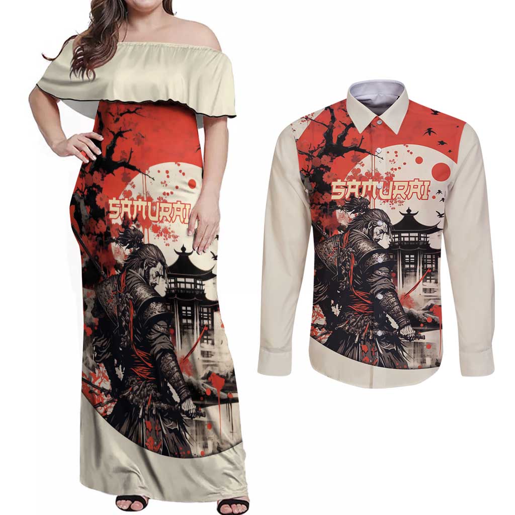 Samurai Warrior Japan Couples Matching Off Shoulder Maxi Dress and Long Sleeve Button Shirt Red-blossomed Tree Classic Japanese Stylized LT14 Red - Polynesian Pride