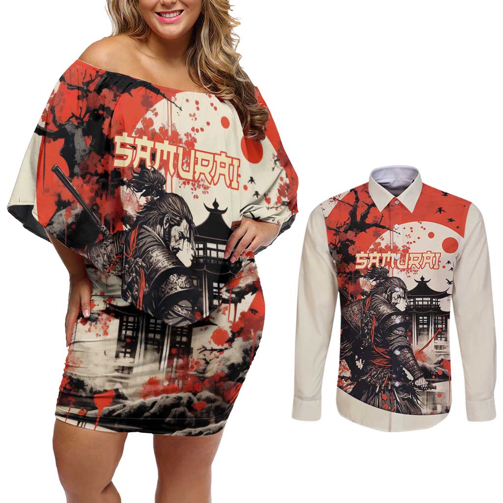 Samurai Warrior Japan Couples Matching Off Shoulder Short Dress and Long Sleeve Button Shirt Red-blossomed Tree Classic Japanese Stylized LT14 Red - Polynesian Pride