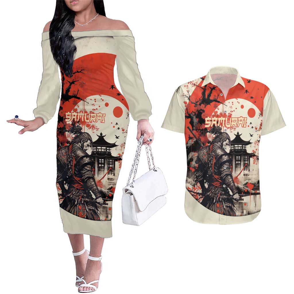 Samurai Warrior Japan Couples Matching Off The Shoulder Long Sleeve Dress and Hawaiian Shirt Red-blossomed Tree Classic Japanese Stylized LT14 Red - Polynesian Pride