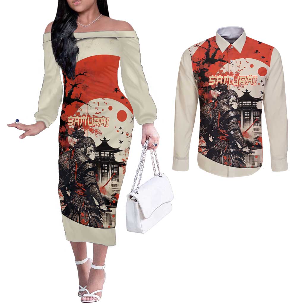 Samurai Warrior Japan Couples Matching Off The Shoulder Long Sleeve Dress and Long Sleeve Button Shirt Red-blossomed Tree Classic Japanese Stylized LT14 Red - Polynesian Pride