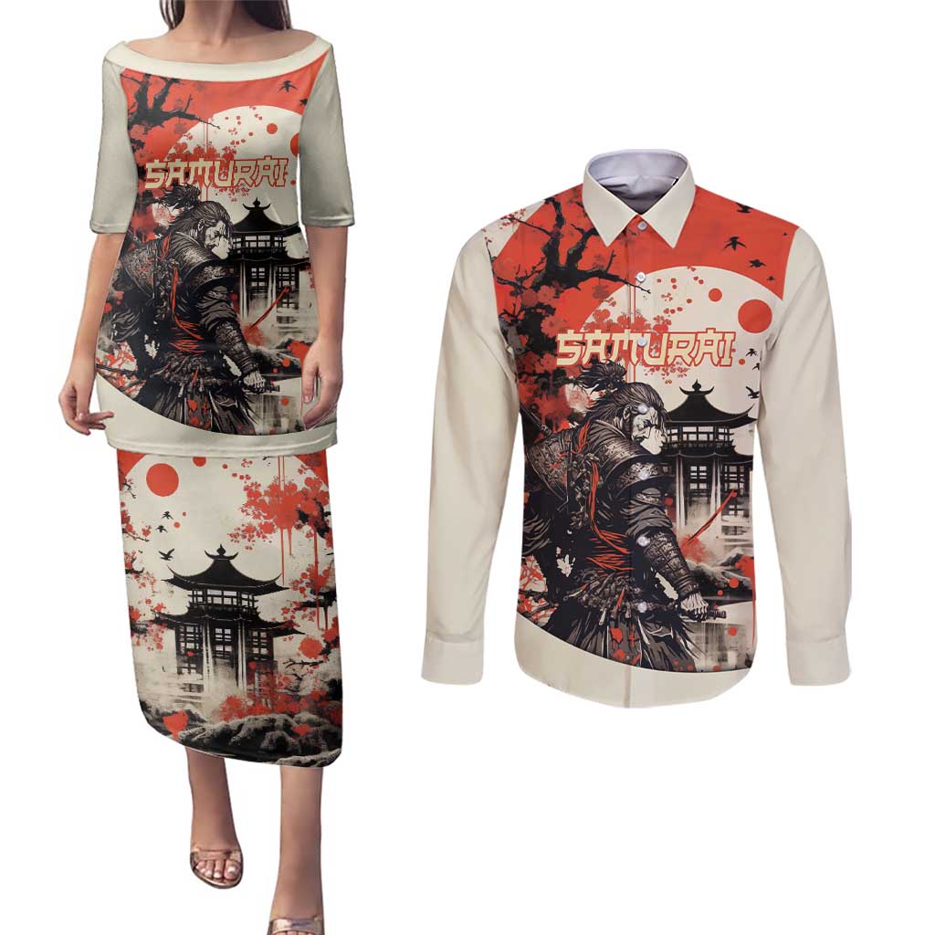 Samurai Warrior Japan Couples Matching Puletasi and Long Sleeve Button Shirt Red-blossomed Tree Classic Japanese Stylized LT14 Red - Polynesian Pride