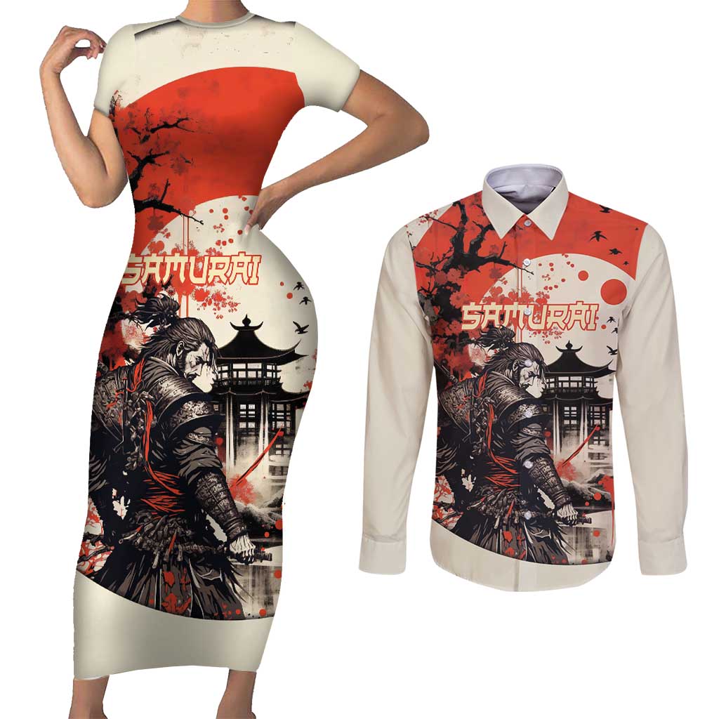 Samurai Warrior Japan Couples Matching Short Sleeve Bodycon Dress and Long Sleeve Button Shirt Red-blossomed Tree Classic Japanese Stylized LT14 Red - Polynesian Pride