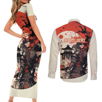 Samurai Warrior Japan Couples Matching Short Sleeve Bodycon Dress and Long Sleeve Button Shirt Red-blossomed Tree Classic Japanese Stylized - Polynesian Pride