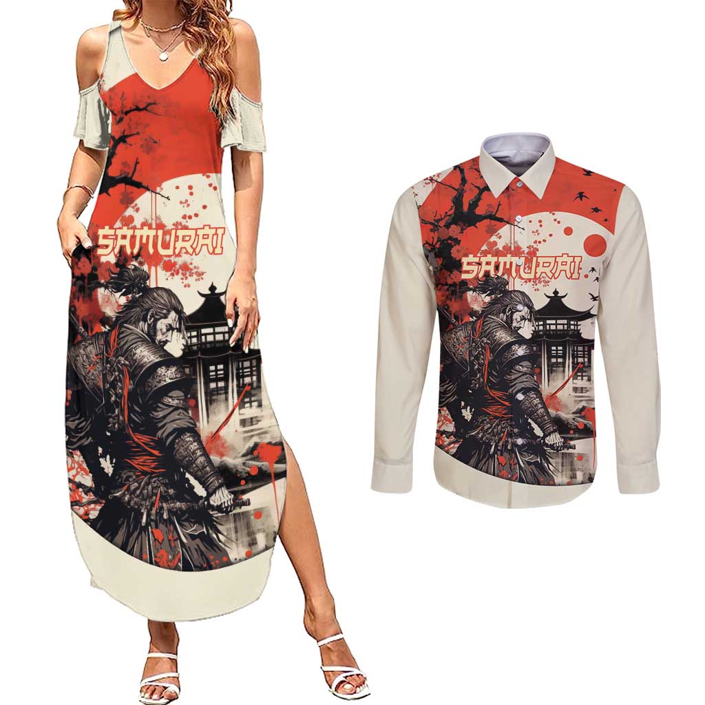 Samurai Warrior Japan Couples Matching Summer Maxi Dress and Long Sleeve Button Shirt Red-blossomed Tree Classic Japanese Stylized LT14 Red - Polynesian Pride