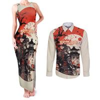 Samurai Warrior Japan Couples Matching Tank Maxi Dress and Long Sleeve Button Shirt Red-blossomed Tree Classic Japanese Stylized LT14 Red - Polynesian Pride