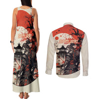 Samurai Warrior Japan Couples Matching Tank Maxi Dress and Long Sleeve Button Shirt Red-blossomed Tree Classic Japanese Stylized LT14 - Polynesian Pride