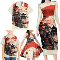 Samurai Warrior Japan Family Matching Long Sleeve Bodycon Dress and Hawaiian Shirt Red-blossomed Tree Classic Japanese Stylized LT14 - Polynesian Pride