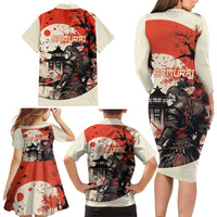 Samurai Warrior Japan Family Matching Long Sleeve Bodycon Dress and Hawaiian Shirt Red-blossomed Tree Classic Japanese Stylized LT14 - Polynesian Pride