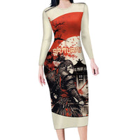 Samurai Warrior Japan Family Matching Long Sleeve Bodycon Dress and Hawaiian Shirt Red-blossomed Tree Classic Japanese Stylized LT14 Mom's Dress Red - Polynesian Pride