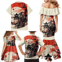 Samurai Warrior Japan Family Matching Mermaid Dress and Hawaiian Shirt Red-blossomed Tree Classic Japanese Stylized LT14 - Polynesian Pride