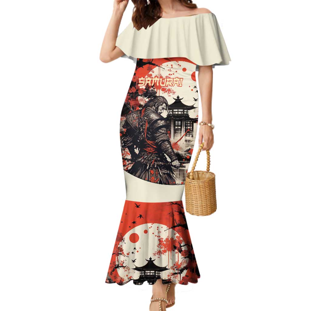 Samurai Warrior Japan Family Matching Mermaid Dress and Hawaiian Shirt Red-blossomed Tree Classic Japanese Stylized LT14 Mom's Dress Red - Polynesian Pride