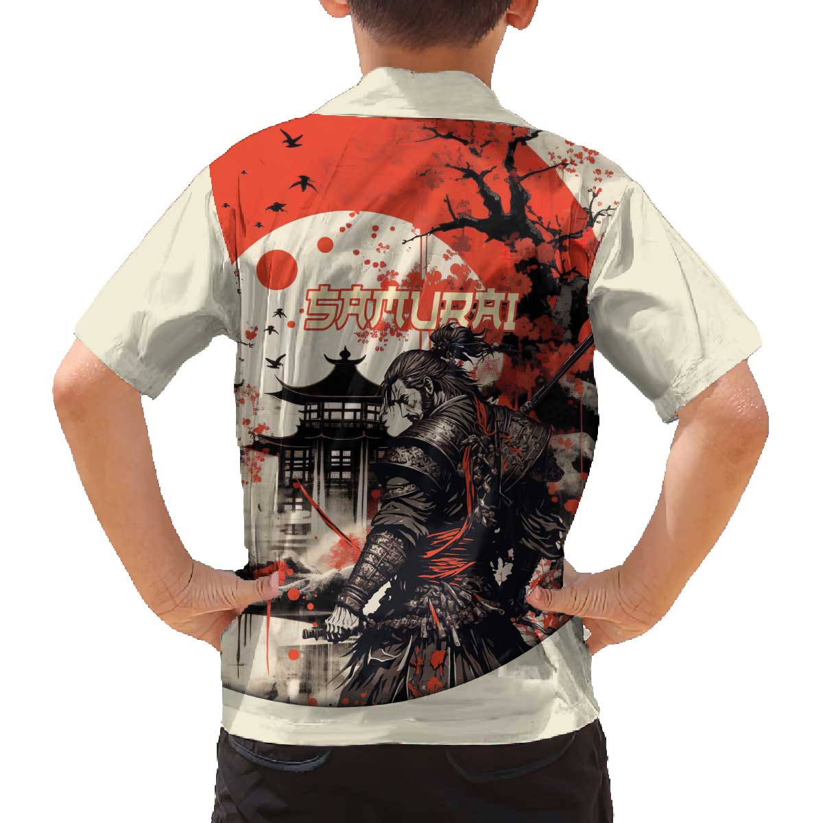 Samurai Warrior Japan Family Matching Off The Shoulder Long Sleeve Dress and Hawaiian Shirt Red-blossomed Tree Classic Japanese Stylized LT14 - Polynesian Pride