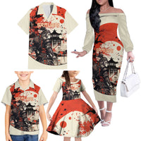 Samurai Warrior Japan Family Matching Off The Shoulder Long Sleeve Dress and Hawaiian Shirt Red-blossomed Tree Classic Japanese Stylized LT14 - Polynesian Pride