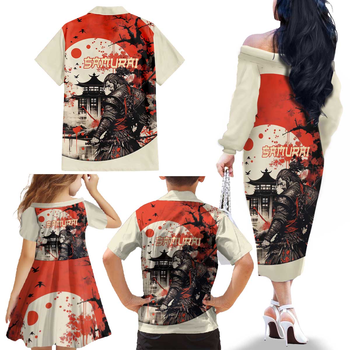 Samurai Warrior Japan Family Matching Off The Shoulder Long Sleeve Dress and Hawaiian Shirt Red-blossomed Tree Classic Japanese Stylized LT14 - Polynesian Pride