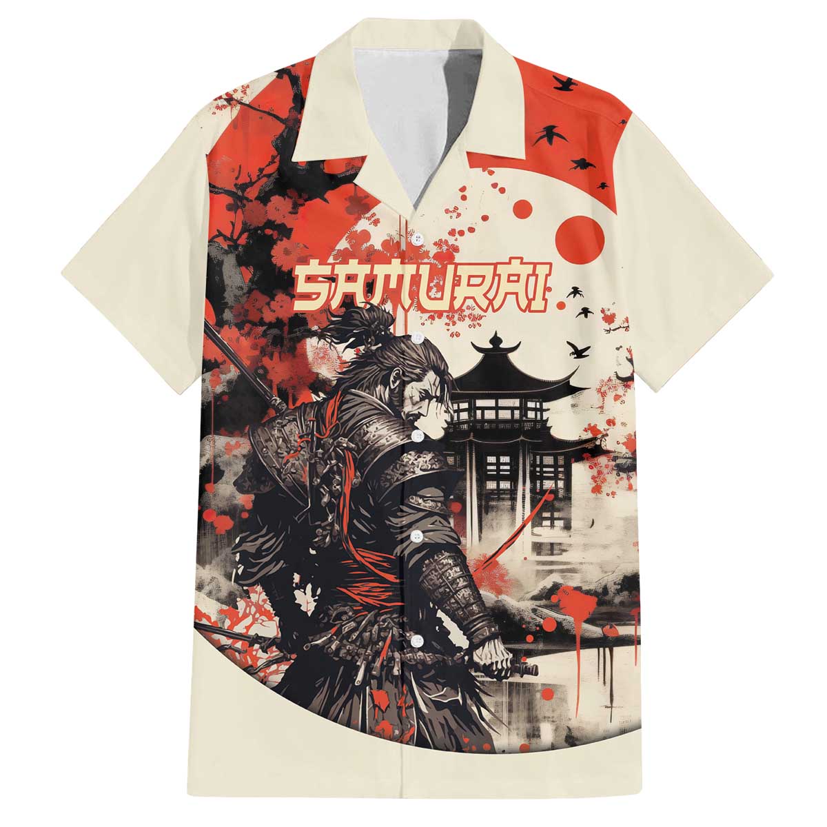 Samurai Warrior Japan Family Matching Off The Shoulder Long Sleeve Dress and Hawaiian Shirt Red-blossomed Tree Classic Japanese Stylized LT14 Dad's Shirt - Short Sleeve Red - Polynesian Pride
