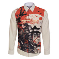 Samurai Warrior Japan Family Matching Off The Shoulder Long Sleeve Dress and Hawaiian Shirt Red-blossomed Tree Classic Japanese Stylized LT14 Dad's Shirt - Long Sleeve Red - Polynesian Pride