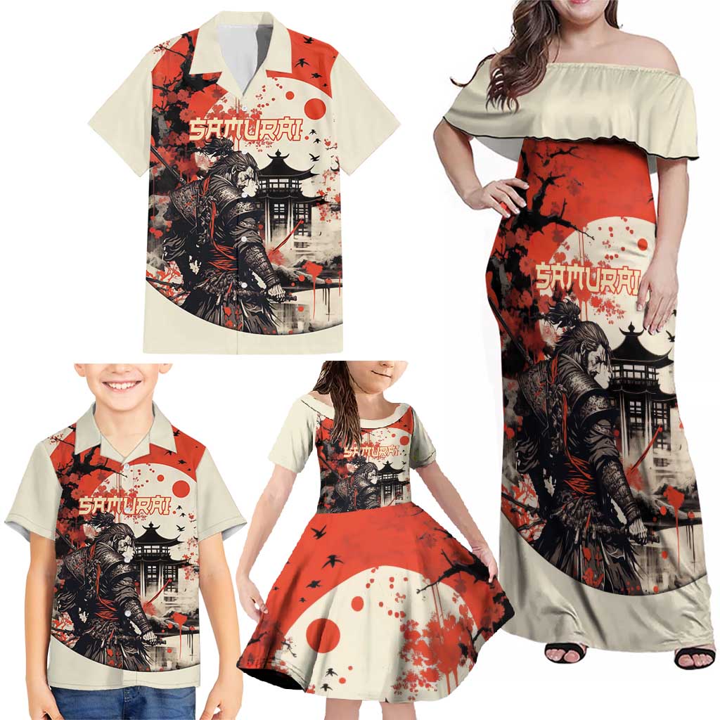 Samurai Warrior Japan Family Matching Off Shoulder Maxi Dress and Hawaiian Shirt Red-blossomed Tree Classic Japanese Stylized LT14 - Polynesian Pride