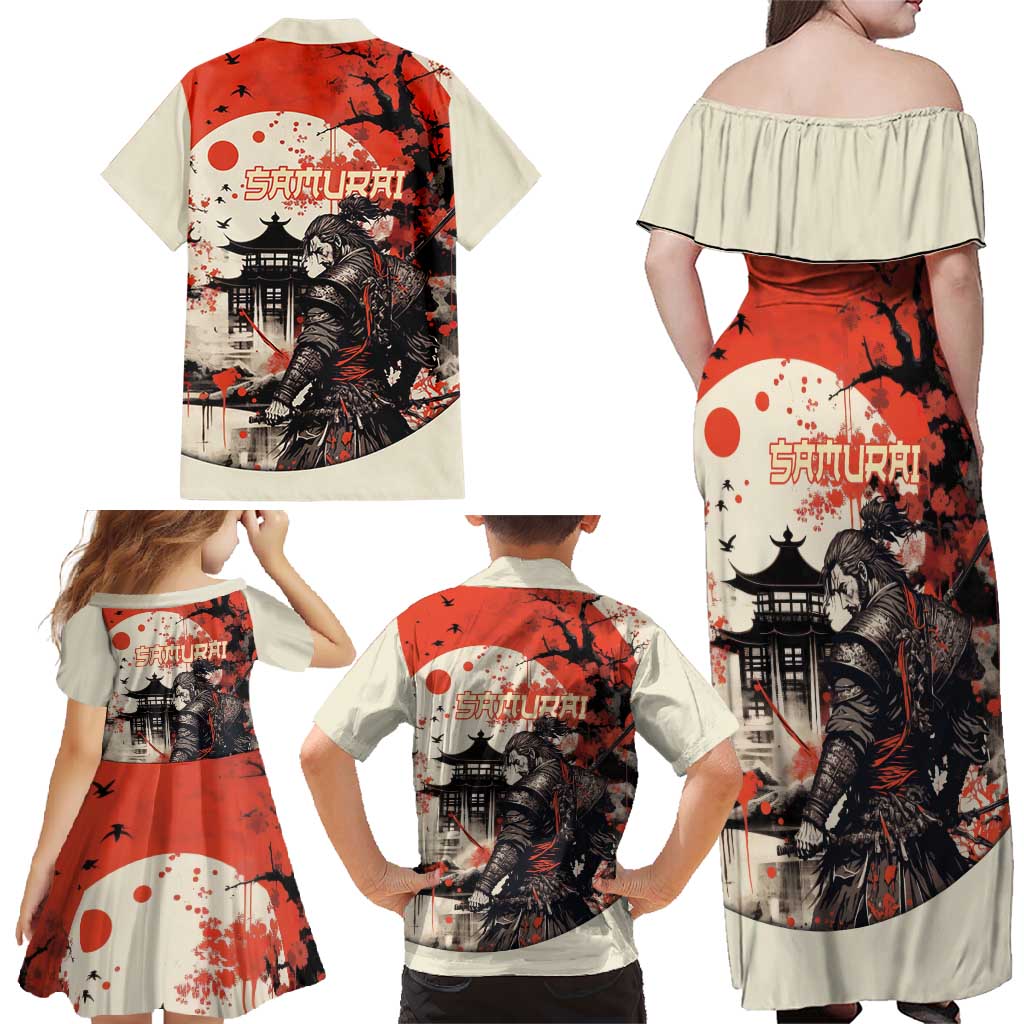 Samurai Warrior Japan Family Matching Off Shoulder Maxi Dress and Hawaiian Shirt Red-blossomed Tree Classic Japanese Stylized LT14 - Polynesian Pride