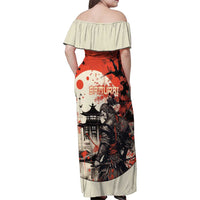 Samurai Warrior Japan Family Matching Off Shoulder Maxi Dress and Hawaiian Shirt Red-blossomed Tree Classic Japanese Stylized LT14 - Polynesian Pride