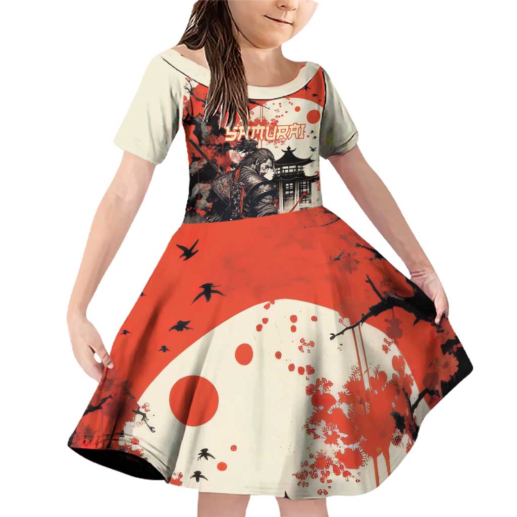 Samurai Warrior Japan Family Matching Off Shoulder Short Dress and Hawaiian Shirt Red-blossomed Tree Classic Japanese Stylized LT14 Daughter's Dress Red - Polynesian Pride
