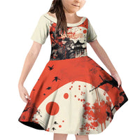 Samurai Warrior Japan Family Matching Off Shoulder Short Dress and Hawaiian Shirt Red-blossomed Tree Classic Japanese Stylized LT14 Daughter's Dress Red - Polynesian Pride