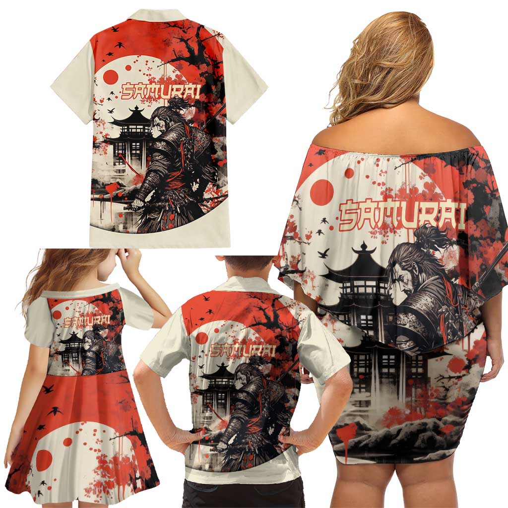 Samurai Warrior Japan Family Matching Off Shoulder Short Dress and Hawaiian Shirt Red-blossomed Tree Classic Japanese Stylized LT14 - Polynesian Pride