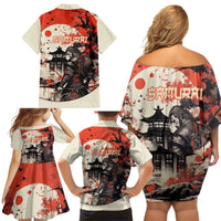 Samurai Warrior Japan Family Matching Off Shoulder Short Dress and Hawaiian Shirt Red-blossomed Tree Classic Japanese Stylized LT14 - Polynesian Pride