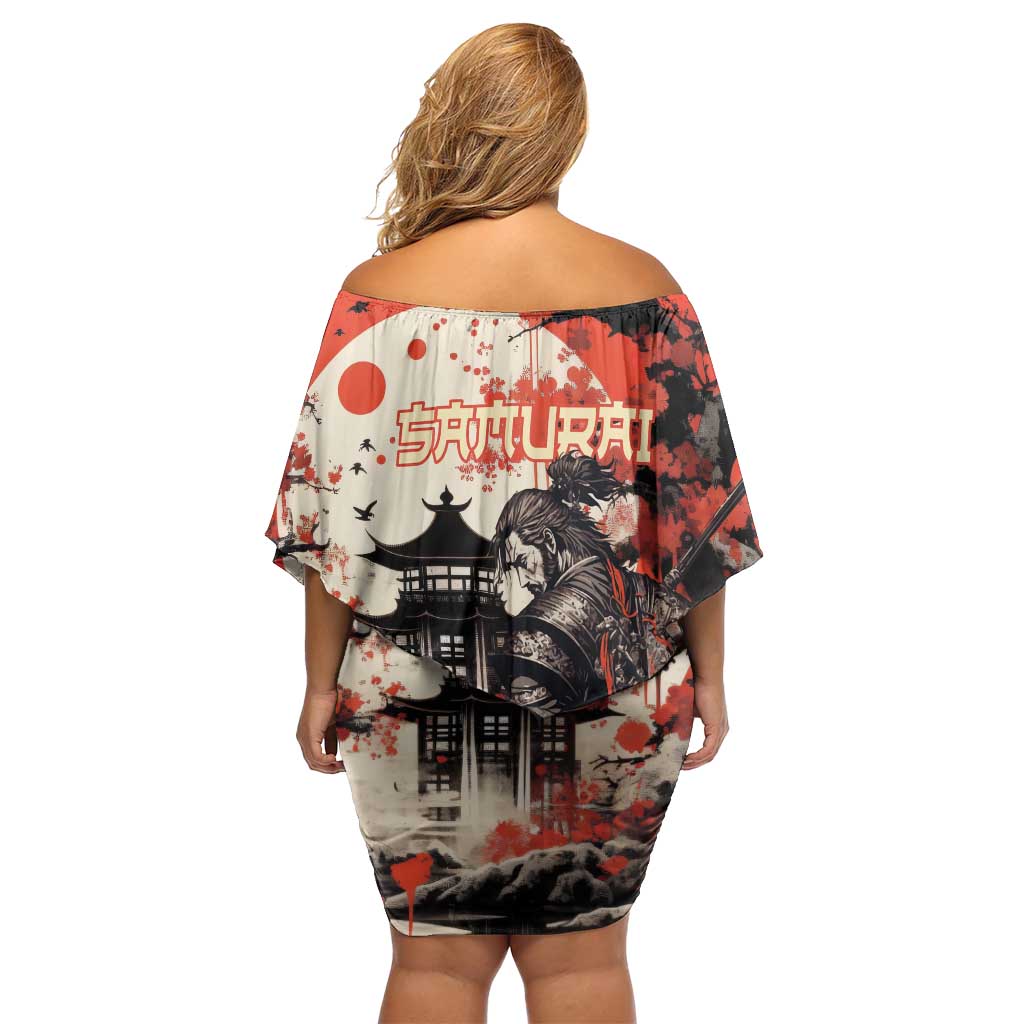Samurai Warrior Japan Family Matching Off Shoulder Short Dress and Hawaiian Shirt Red-blossomed Tree Classic Japanese Stylized LT14 - Polynesian Pride