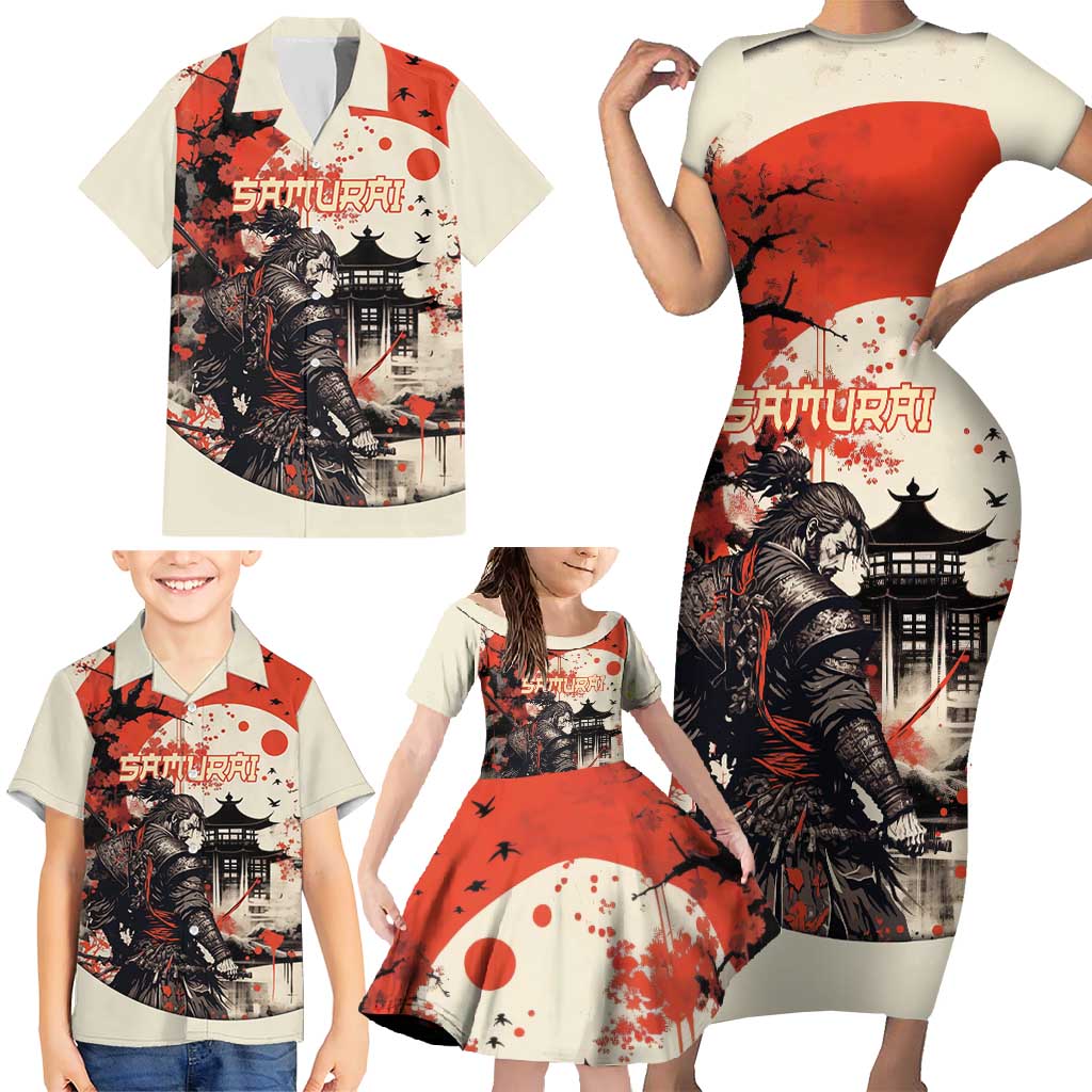 Samurai Warrior Japan Family Matching Short Sleeve Bodycon Dress and Hawaiian Shirt Red-blossomed Tree Classic Japanese Stylized LT14 - Polynesian Pride