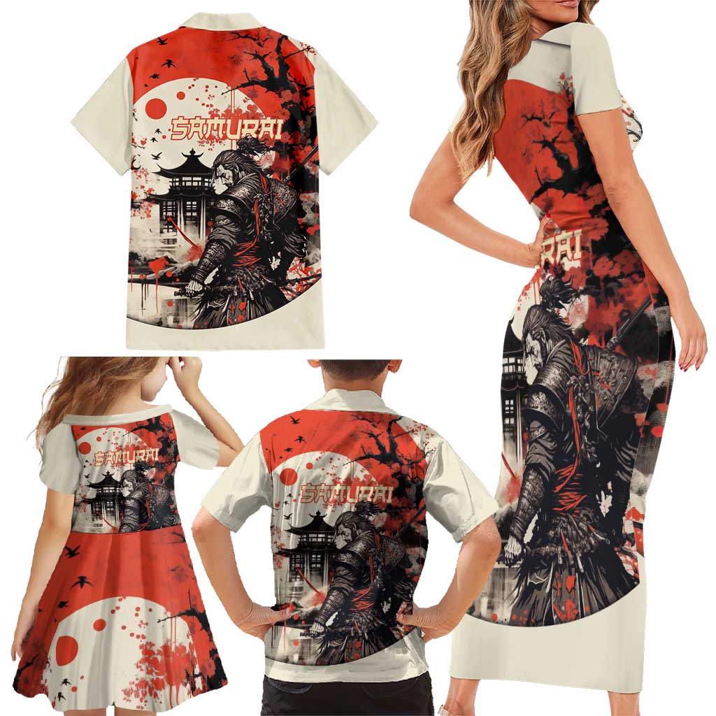Samurai Warrior Japan Family Matching Short Sleeve Bodycon Dress and Hawaiian Shirt Red-blossomed Tree Classic Japanese Stylized LT14 - Polynesian Pride