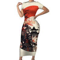 Samurai Warrior Japan Family Matching Short Sleeve Bodycon Dress and Hawaiian Shirt Red-blossomed Tree Classic Japanese Stylized LT14 Mom's Dress Red - Polynesian Pride