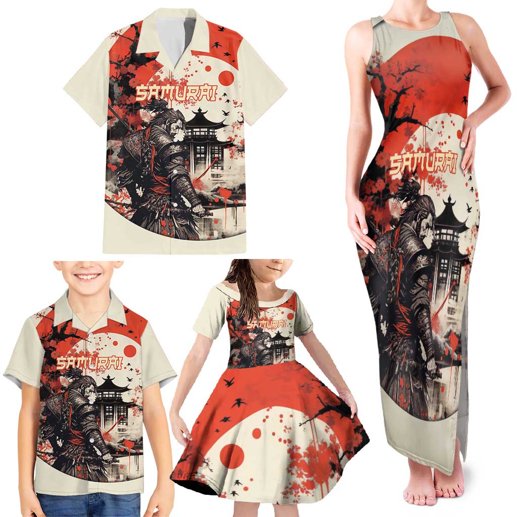 Samurai Warrior Japan Family Matching Tank Maxi Dress and Hawaiian Shirt Red-blossomed Tree Classic Japanese Stylized LT14 - Polynesian Pride