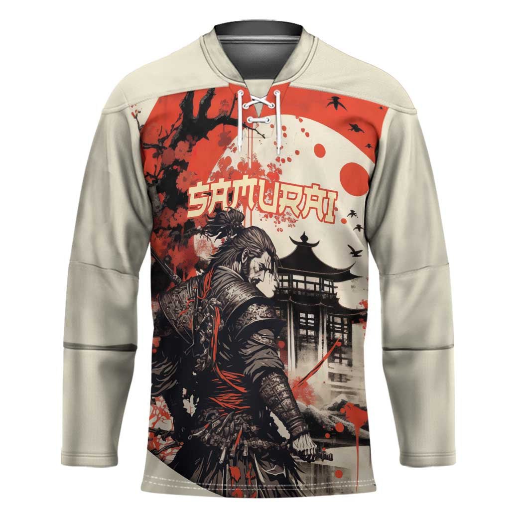 Samurai Warrior Japan Hockey Jersey Red-blossomed Tree Classic Japanese Stylized LT14 Unisex Red - Polynesian Pride