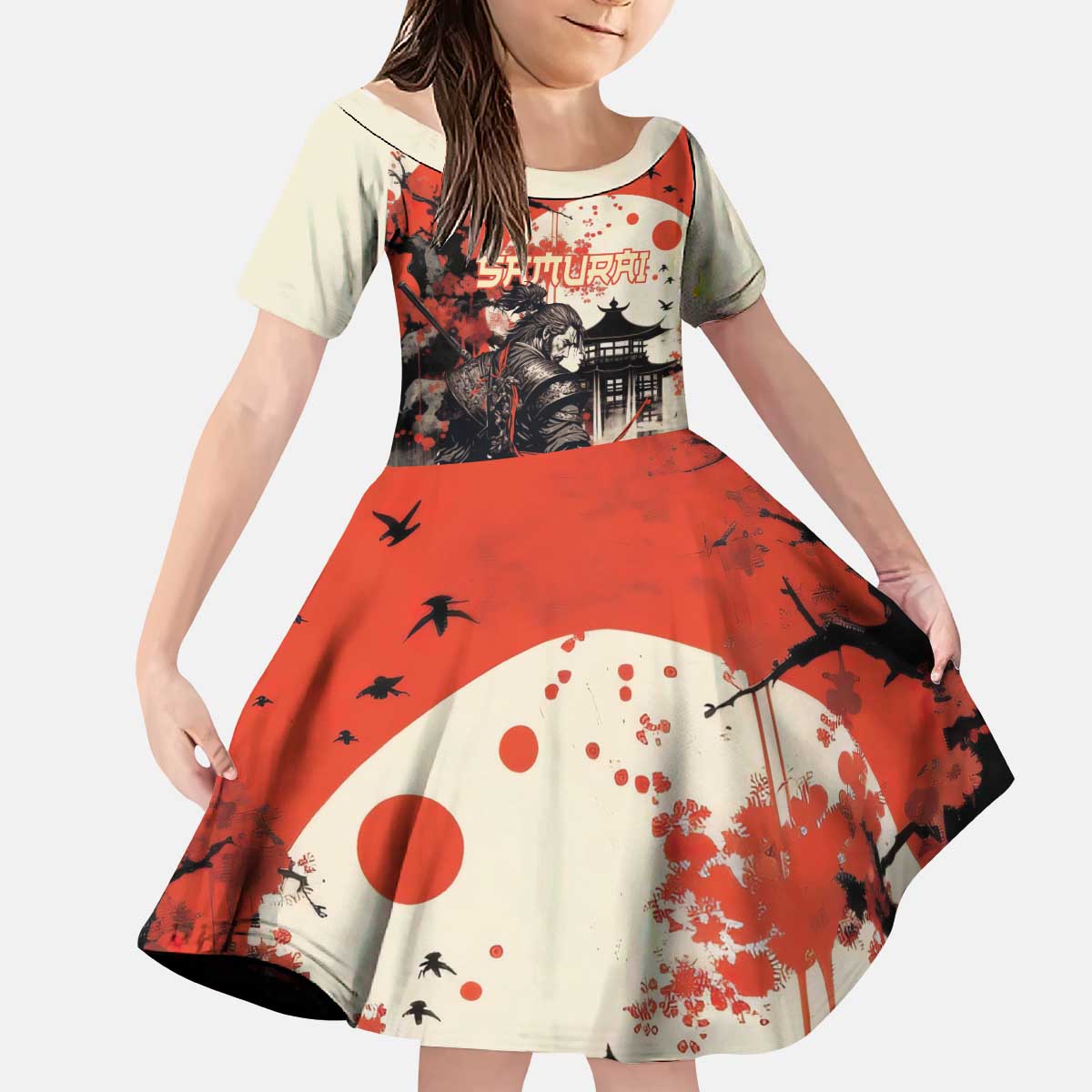 Samurai Warrior Japan Kid Short Sleeve Dress Red-blossomed Tree Classic Japanese Stylized LT14 KID Red - Polynesian Pride