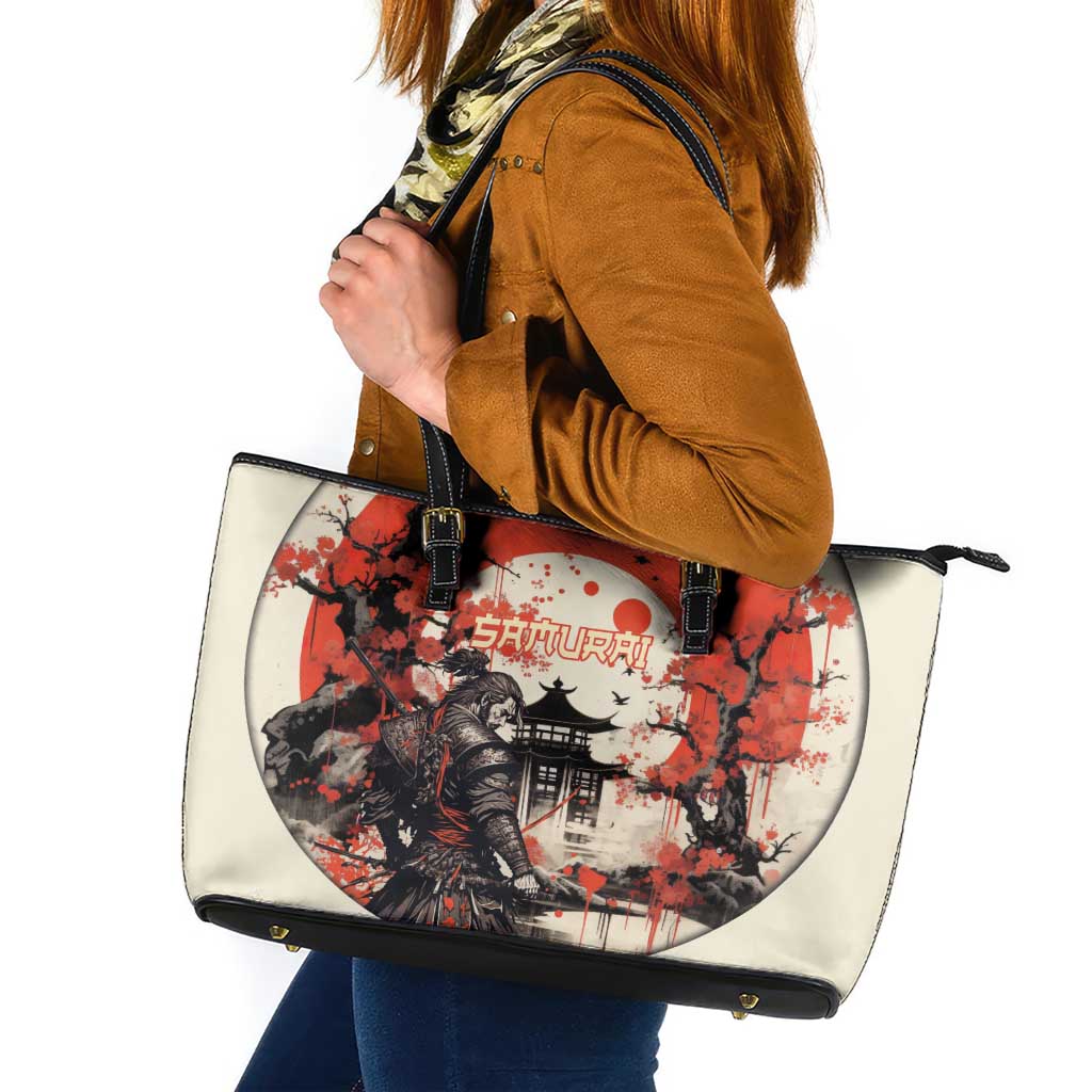 Samurai Warrior Japan Leather Tote Bag Red-blossomed Tree Classic Japanese Stylized LT14 Red - Polynesian Pride