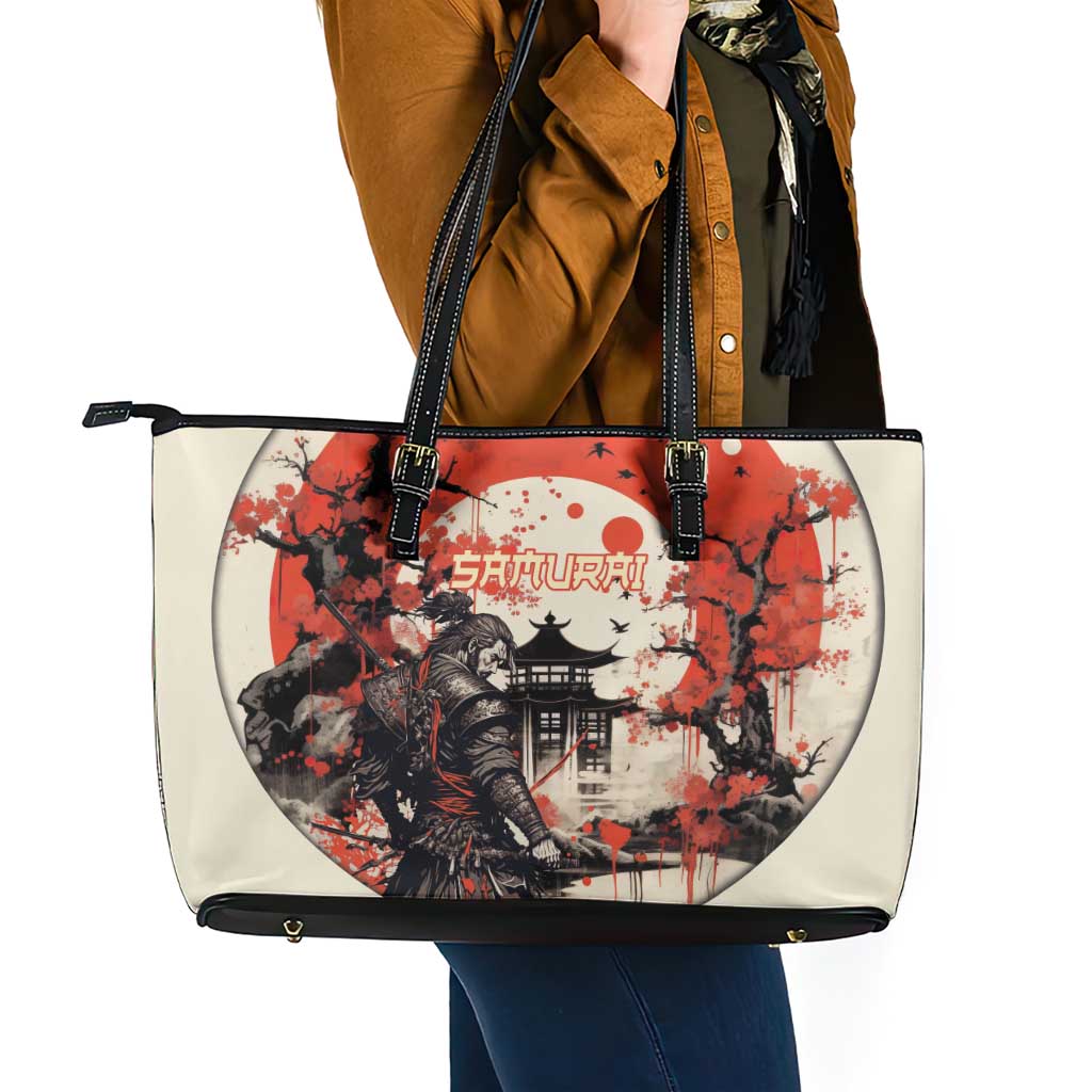 Samurai Warrior Japan Leather Tote Bag Red-blossomed Tree Classic Japanese Stylized LT14 - Polynesian Pride