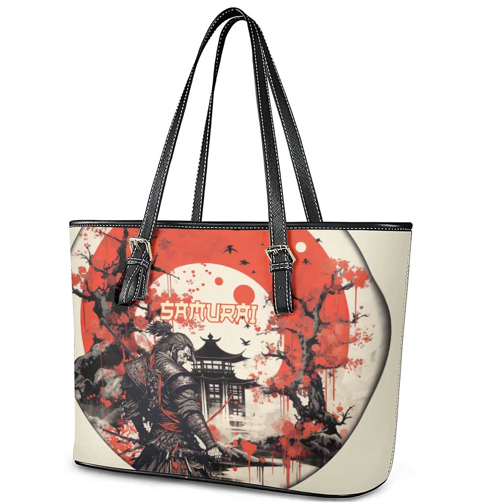 Samurai Warrior Japan Leather Tote Bag Red-blossomed Tree Classic Japanese Stylized LT14 - Polynesian Pride
