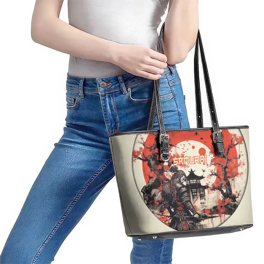 Samurai Warrior Japan Leather Tote Bag Red-blossomed Tree Classic Japanese Stylized LT14 - Polynesian Pride