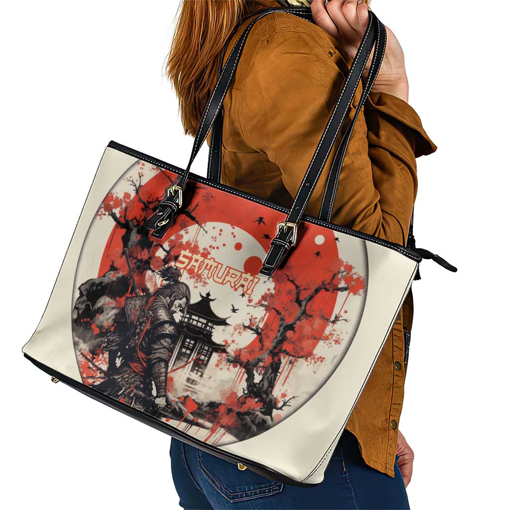 Samurai Warrior Japan Leather Tote Bag Red-blossomed Tree Classic Japanese Stylized LT14 - Polynesian Pride