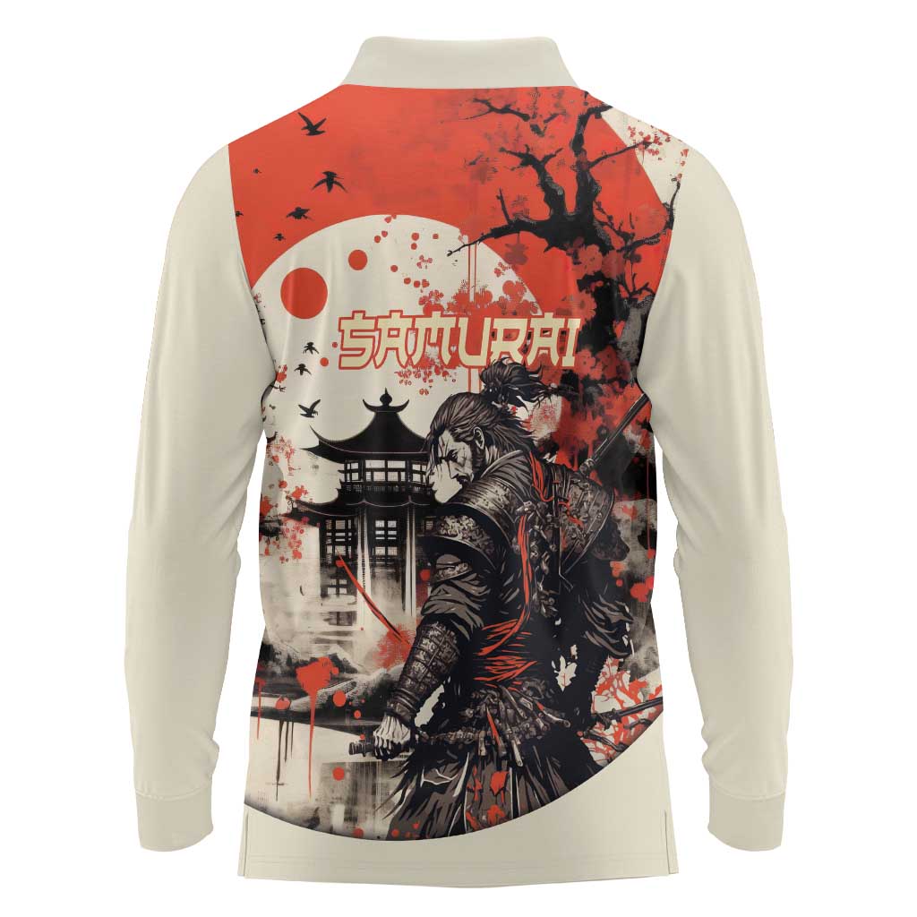 Samurai Warrior Japan Long Sleeve Polo Shirt Red-blossomed Tree Classic Japanese Stylized - Polynesian Pride