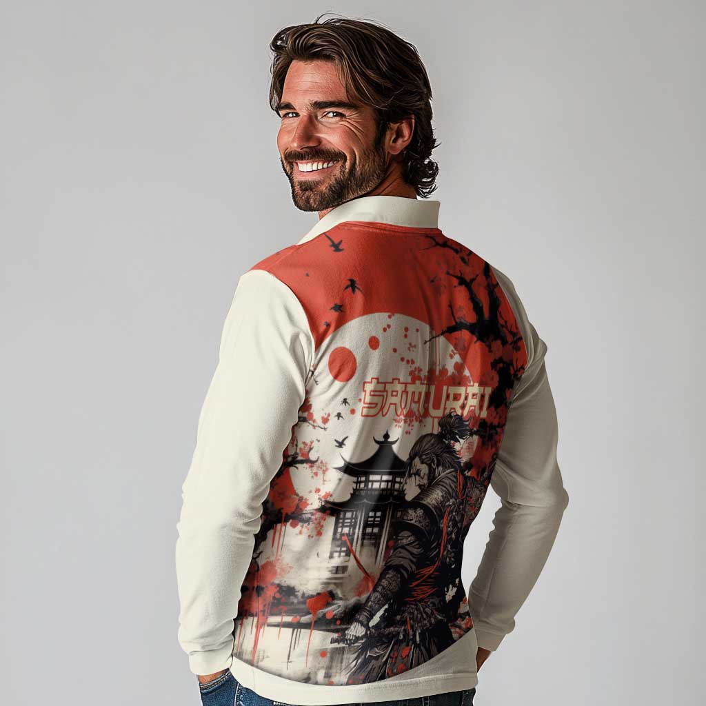 Samurai Warrior Japan Long Sleeve Polo Shirt Red-blossomed Tree Classic Japanese Stylized - Polynesian Pride