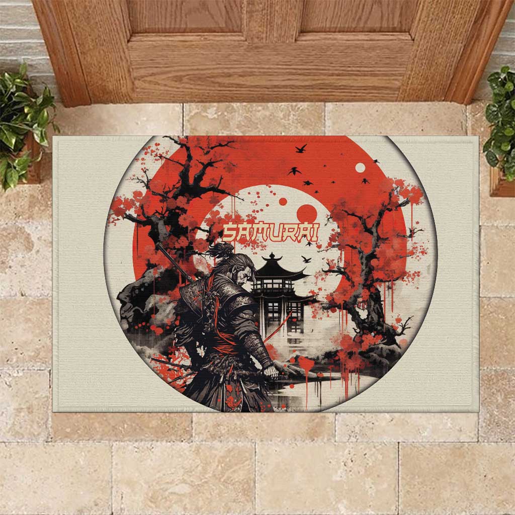 Samurai Warrior Japan Rubber Doormat Red-blossomed Tree Classic Japanese Stylized LT14 Red - Polynesian Pride