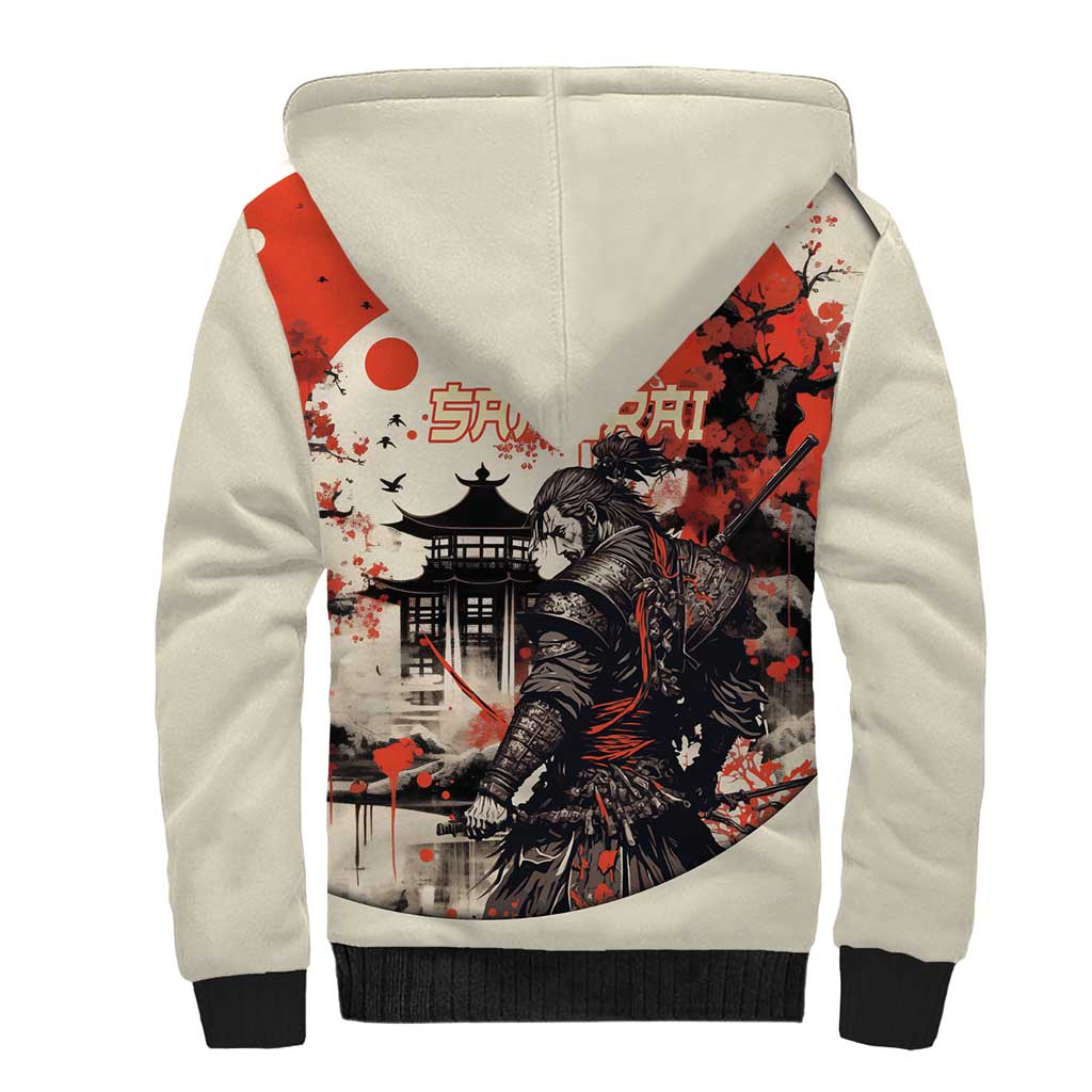 Samurai Warrior Japan Sherpa Hoodie Red-blossomed Tree Classic Japanese Stylized - Polynesian Pride