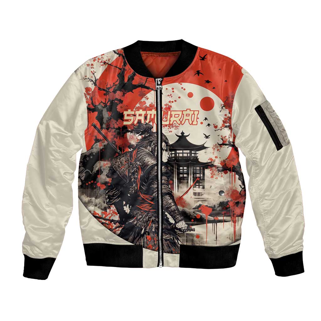 Samurai Warrior Japan Sleeve Zip Bomber Jacket Red-blossomed Tree Classic Japanese Stylized LT14 Unisex Red - Polynesian Pride